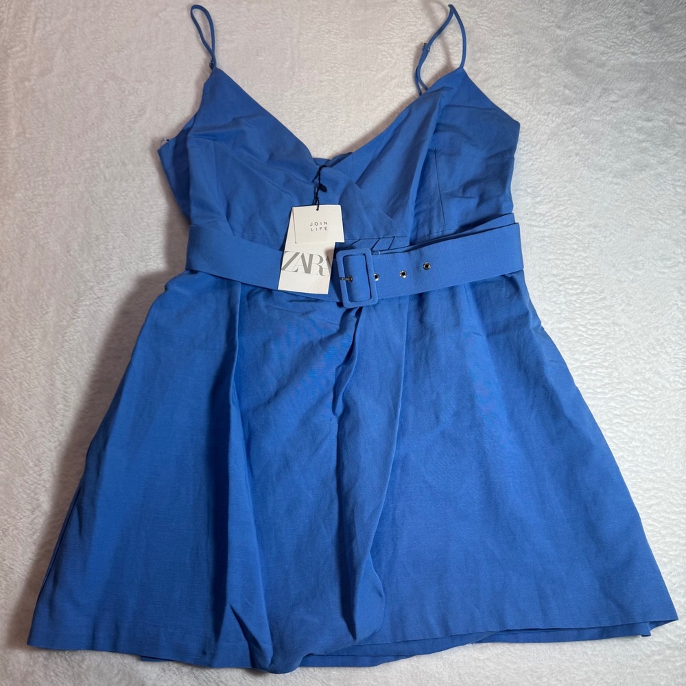 Zara Join Life Blue Belted Mini Dress V-Neck Spaghetti Strap NWT Size L